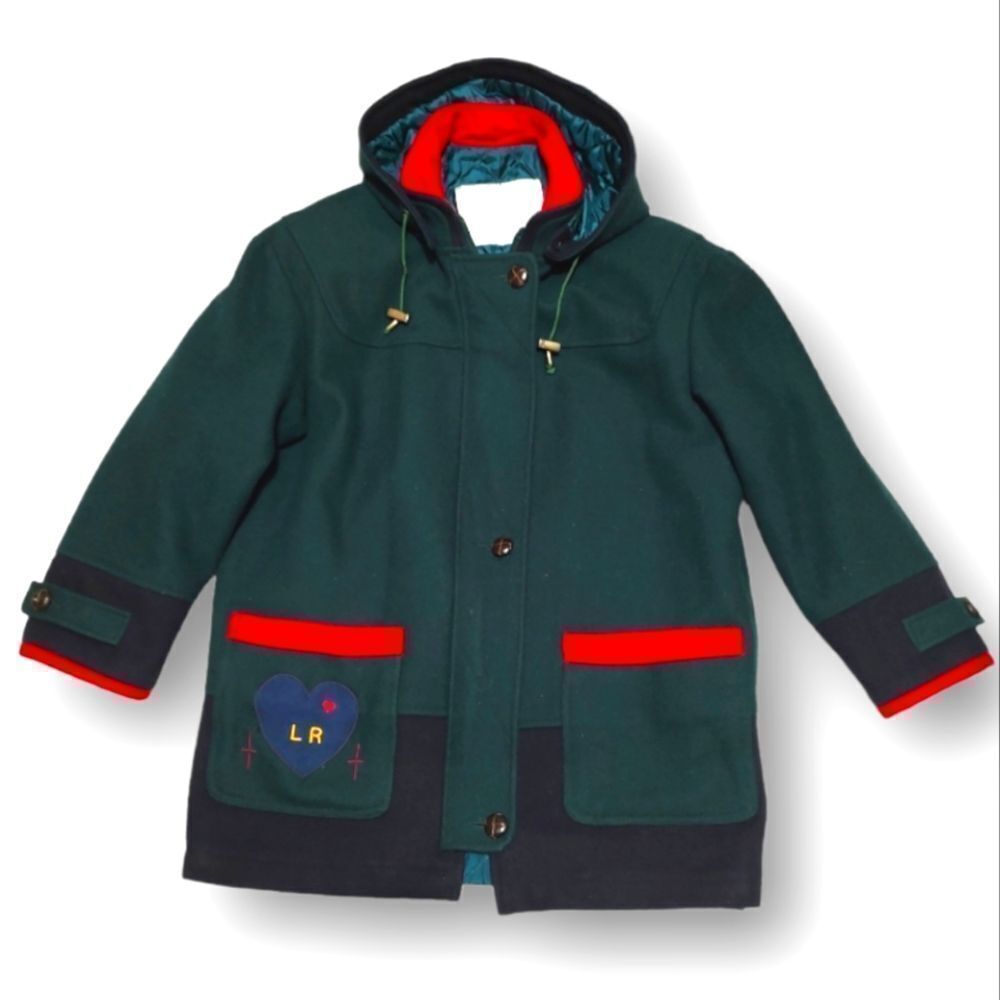 Vintage La Renaissance Color Block Wool Green Duffle Coat Heart Patch Parka US